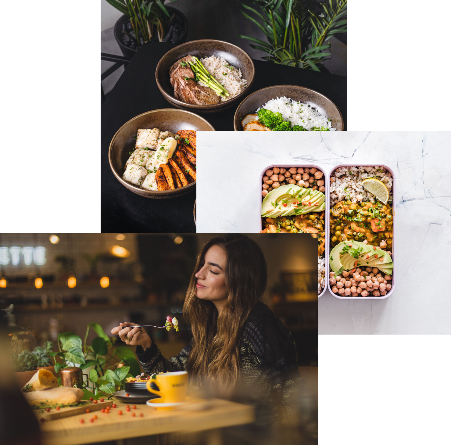 Woman enjoying food, meals in storage container and food bowls on the table